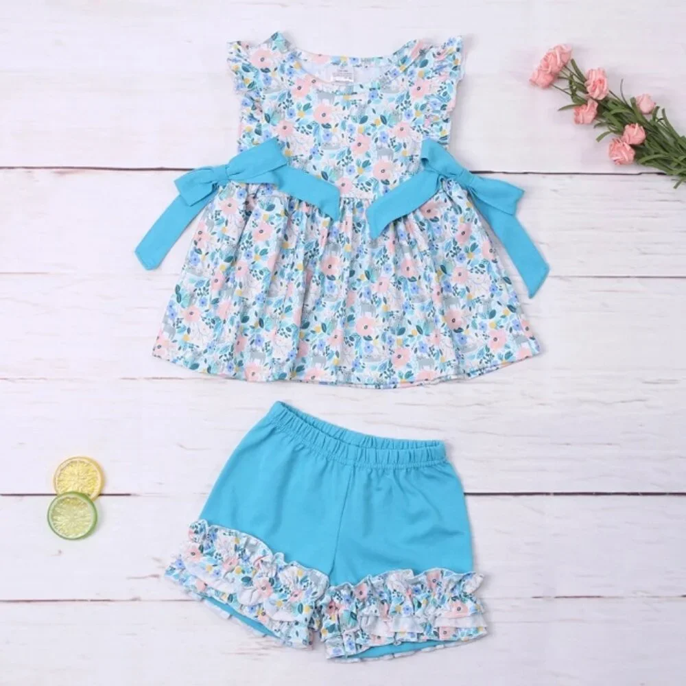 Boutique Floral Kitty Cat Tunic & Shorts Girls Outfit Set